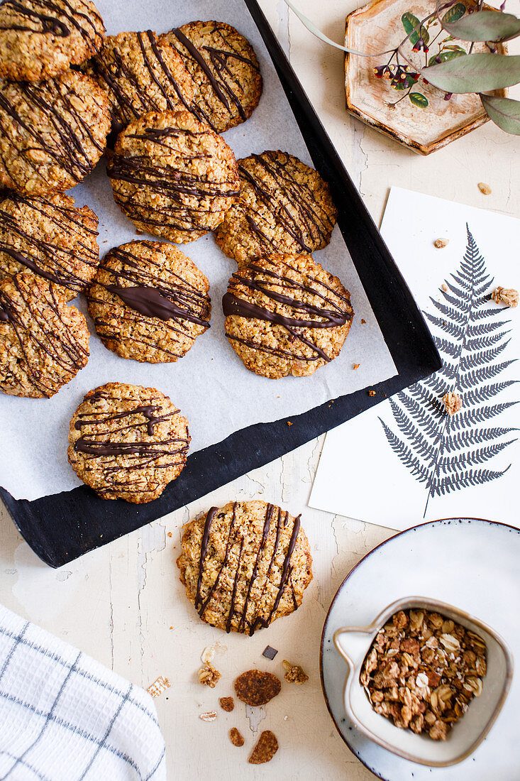 Flourless oat biscuits with chocolate and muesli