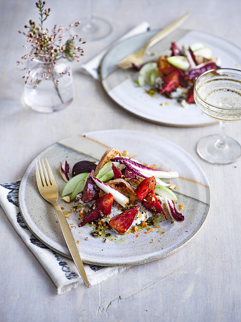 Creamed goat's cheese and roast beetroot salad