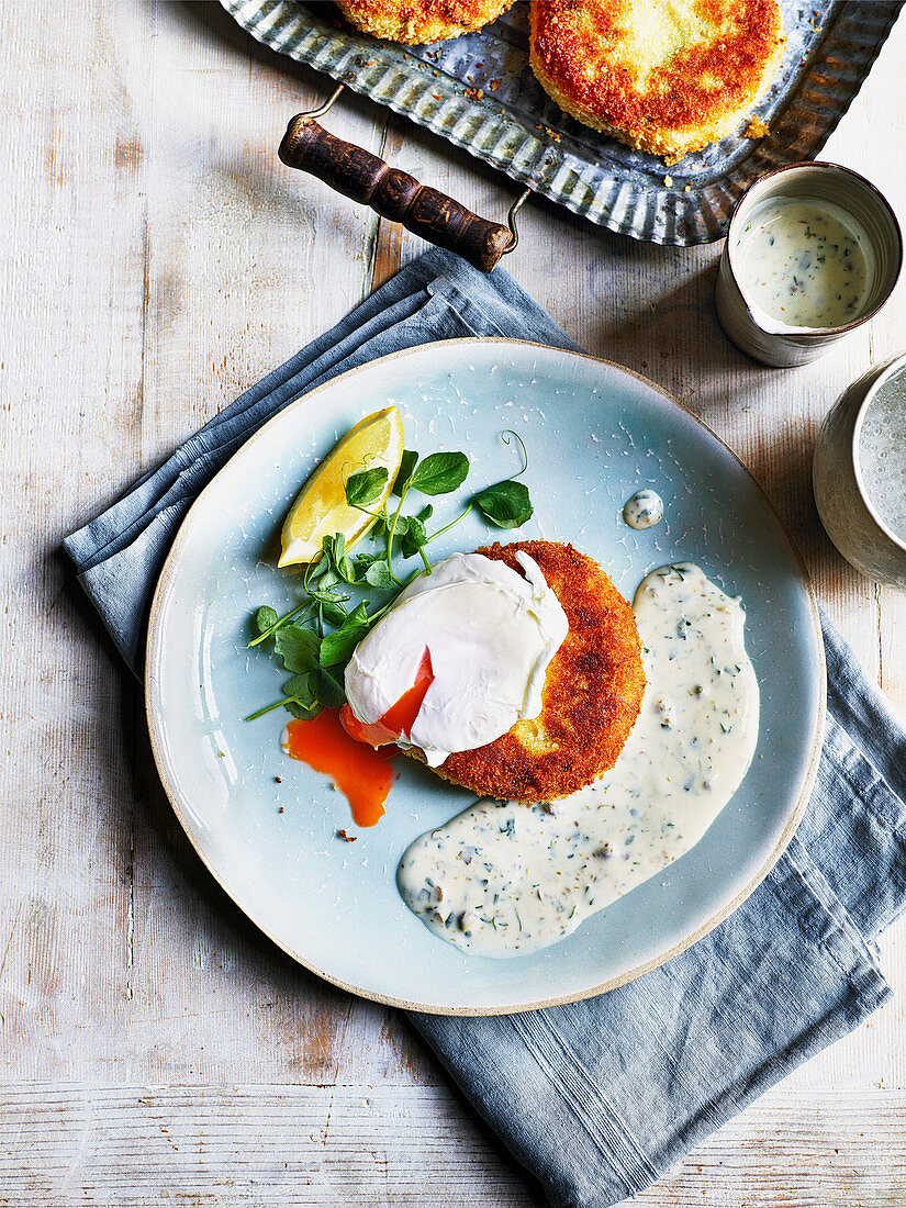 Fischfrikadelle mit pochiertem Ei und samtiger Sauce Tartare