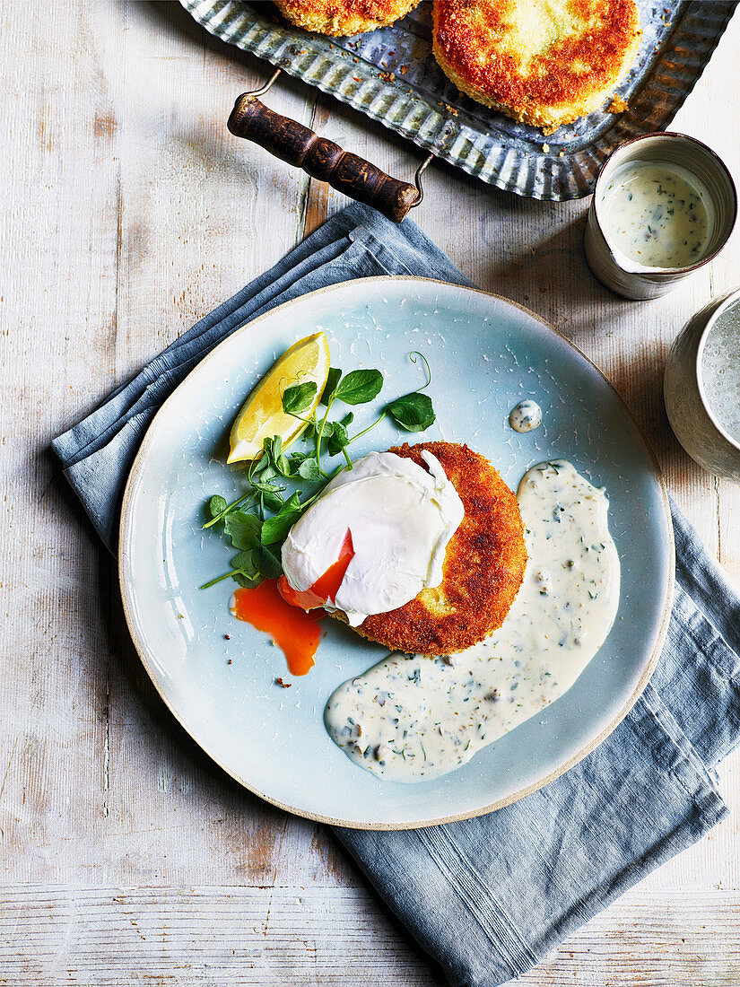 Fishcake with poached egg and velvety tartare sauce