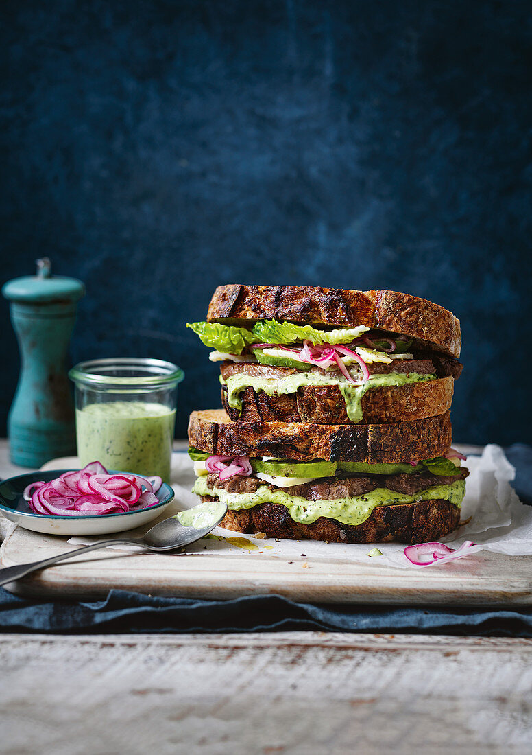 Perfect steak sandwich with herb mayonnaise