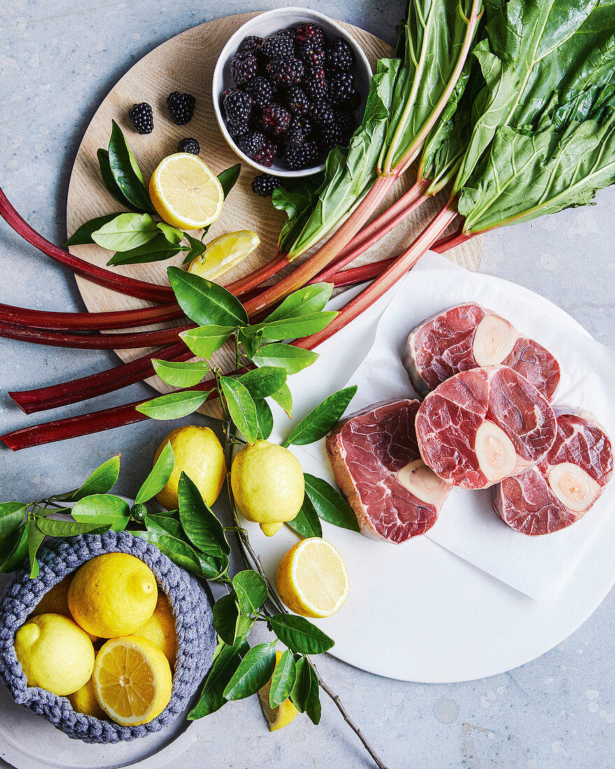 Rhubarb, veal shanks, lemons and blackberries