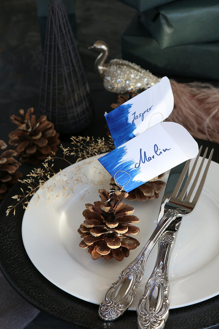 Pine cone used as holders for name cards embellished with blue brush strokes