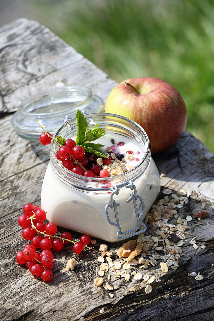 Joghurt mit selbstgemachtem Knuspermüsli und Obst im Bügelglas