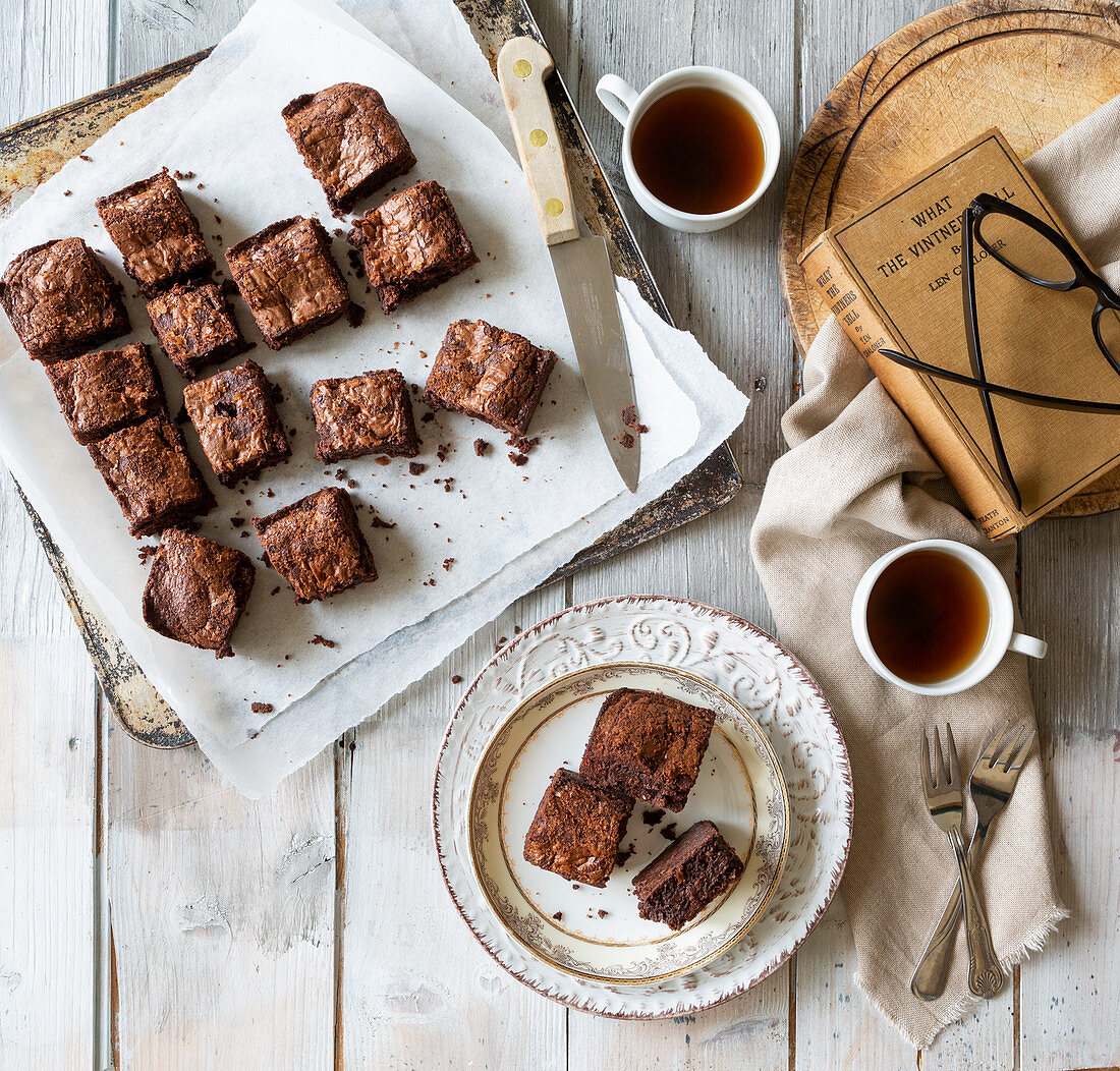 Chocolate Brownies freshly cooked with black coffee