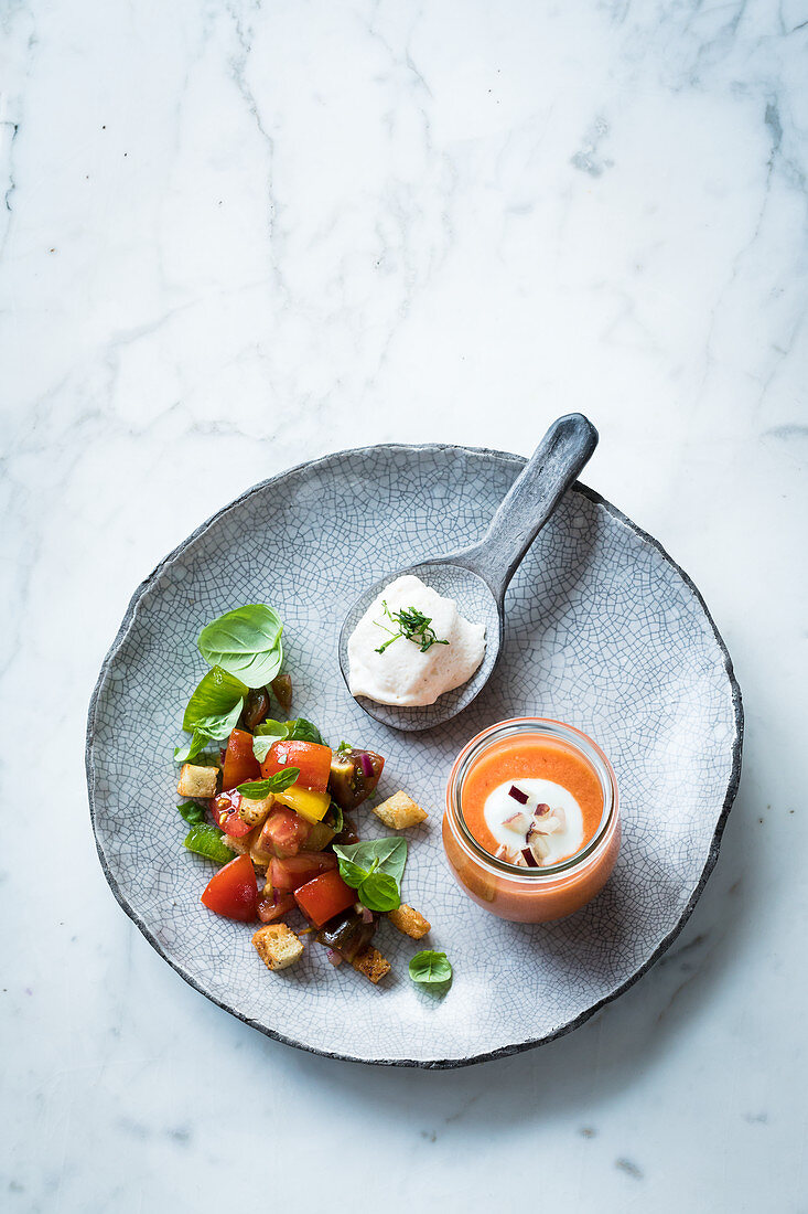 White tomato mousse with a tomato and bread salad