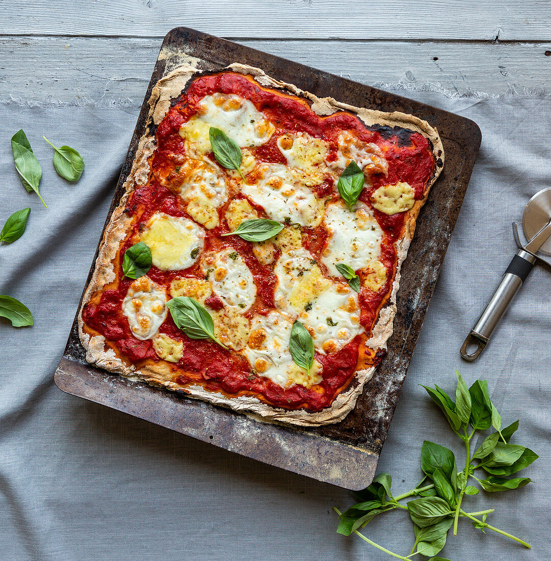 Vegetarische Sauerteig-Pizza mit Tomaten, Mozzarella und Basilikum