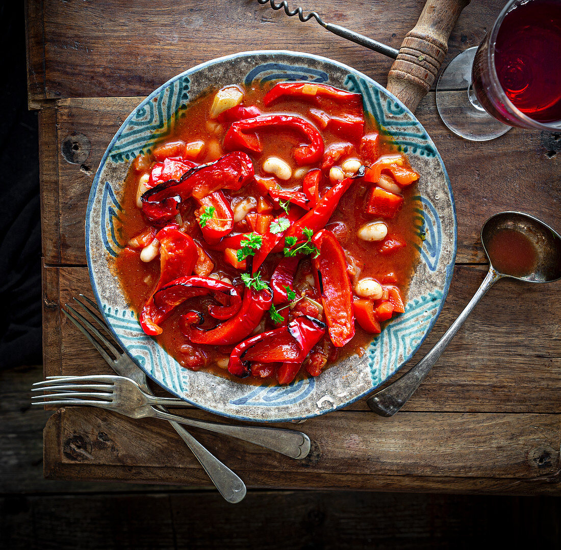 Roasted red pepper, tomato and canellini bean stew