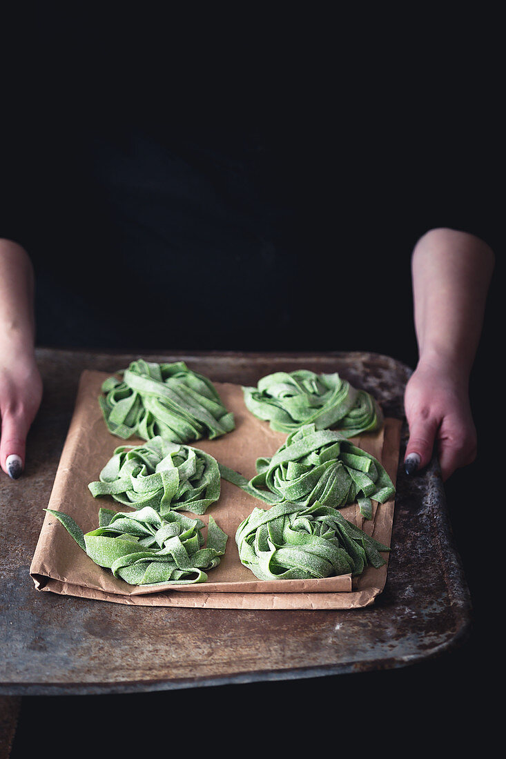 Fresh green spinach pasta