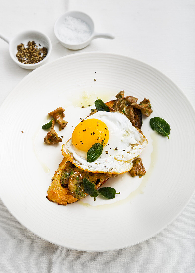 Fried egg, with mushrooms on white crusty toast, with sage, black pepper and salt in white bowls