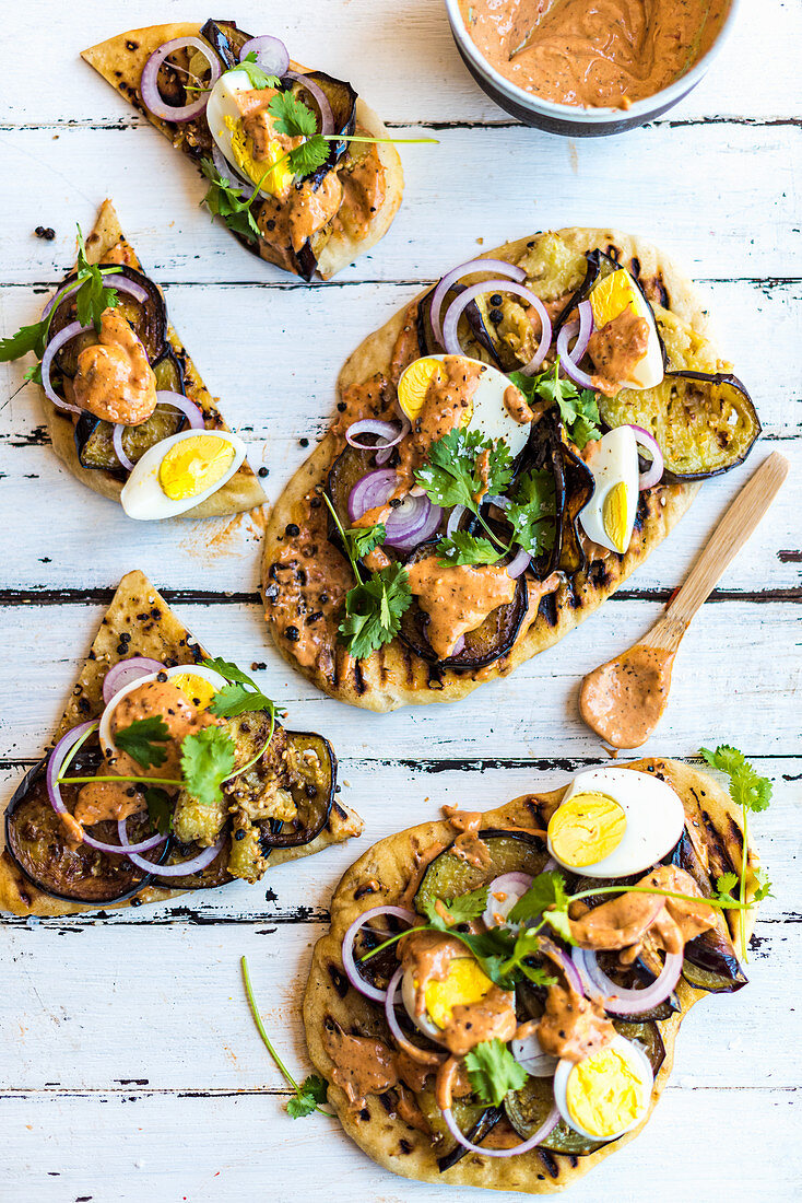 Olive Oil Flatbreads with Boiled Egg and Roasted Aubergine