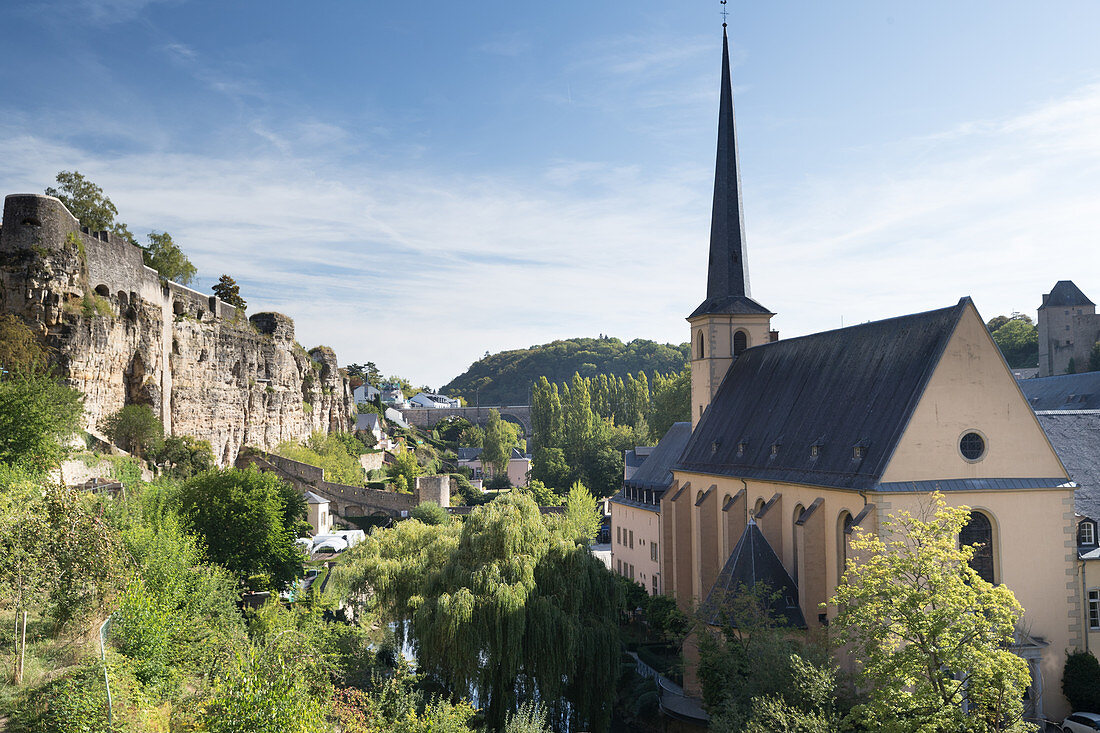 The Church of Saint John in Grund with a view of the footpath between Grund and Oberstadt, Luxembourg