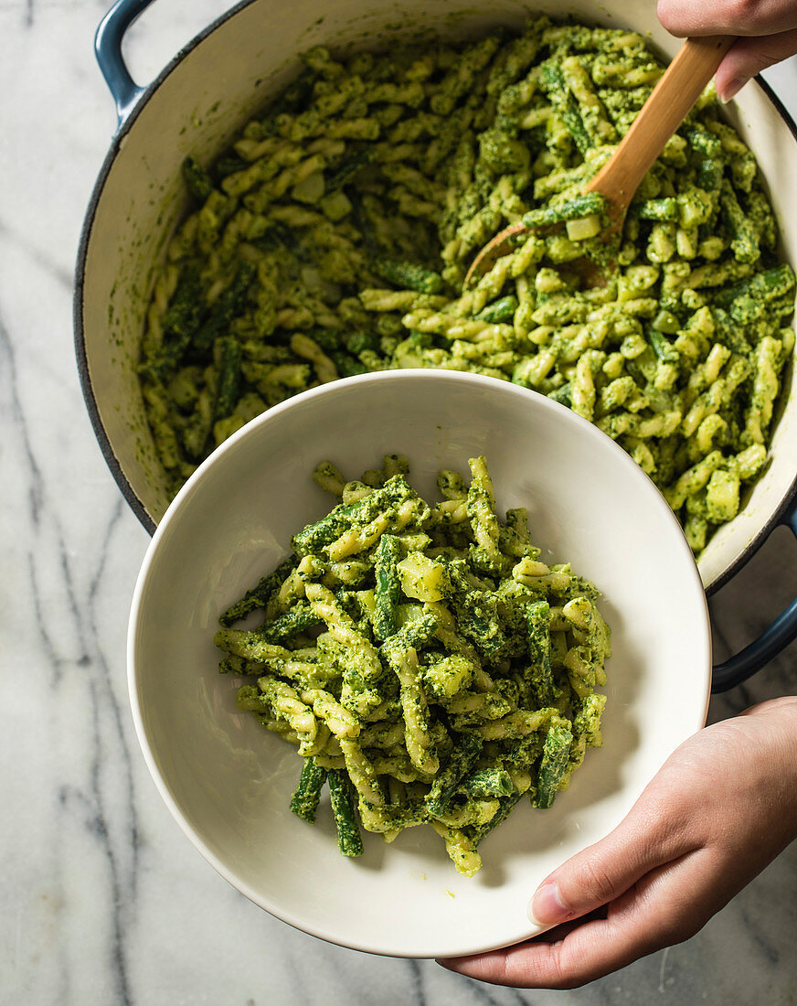 Gemelli with pesto potatoes and green beans