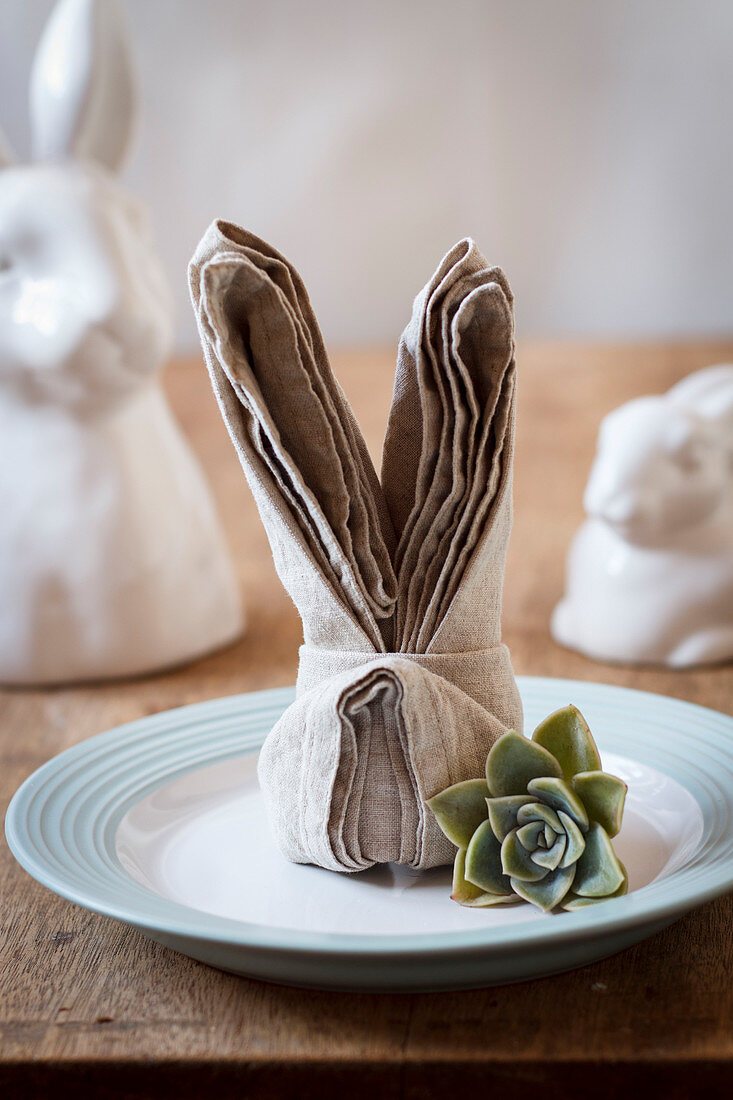 Easter place setting with folded linen napkin and succulent