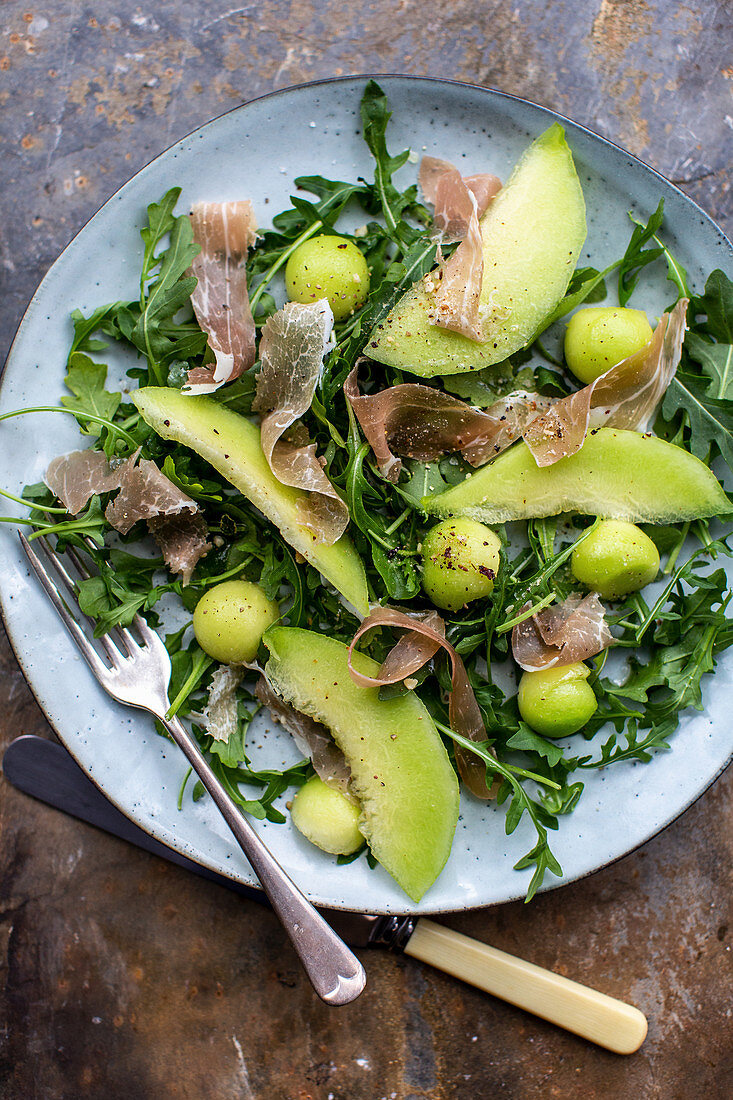 Melon salad with parma ham and rocket