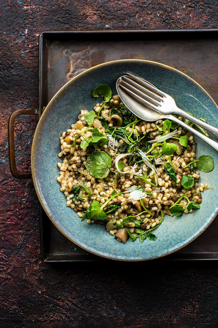 Barley risotto with puy lentils and watercress