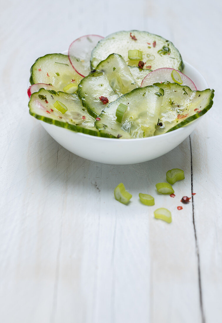 Cucumber salad with radishes and spring onions