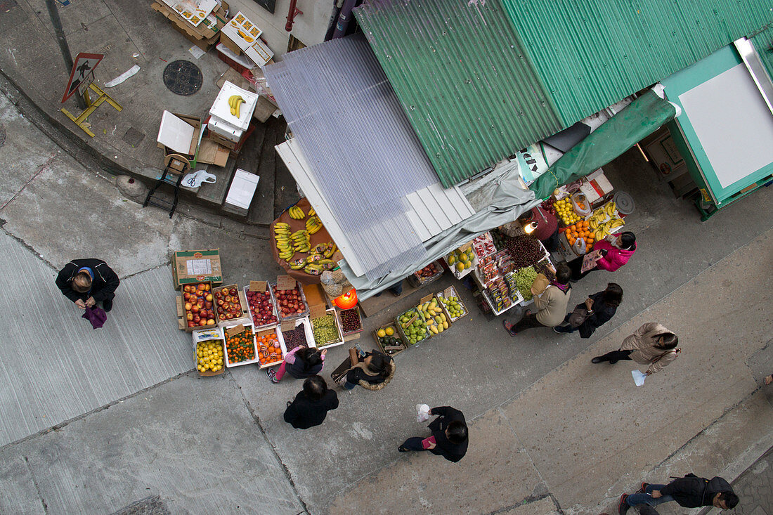 High Angle View of Corner Market and Street Scene, Hong Kong, China