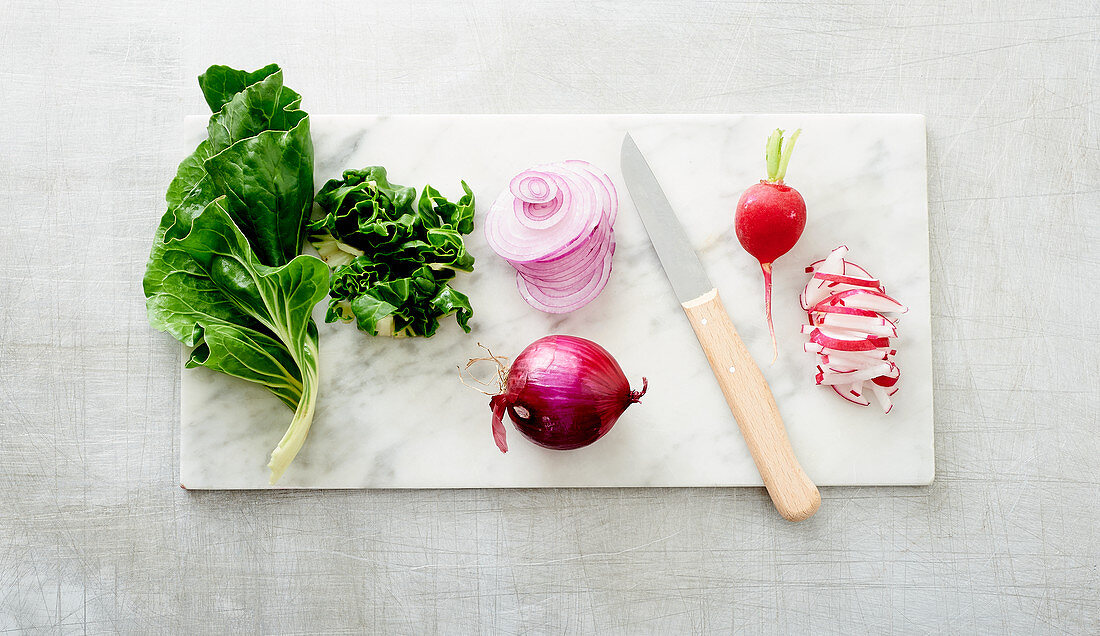 Radishes, chard and red onions