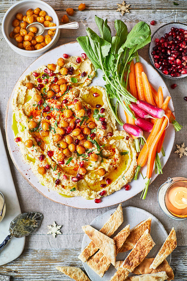 Christmas hummus with pomegranate seeds