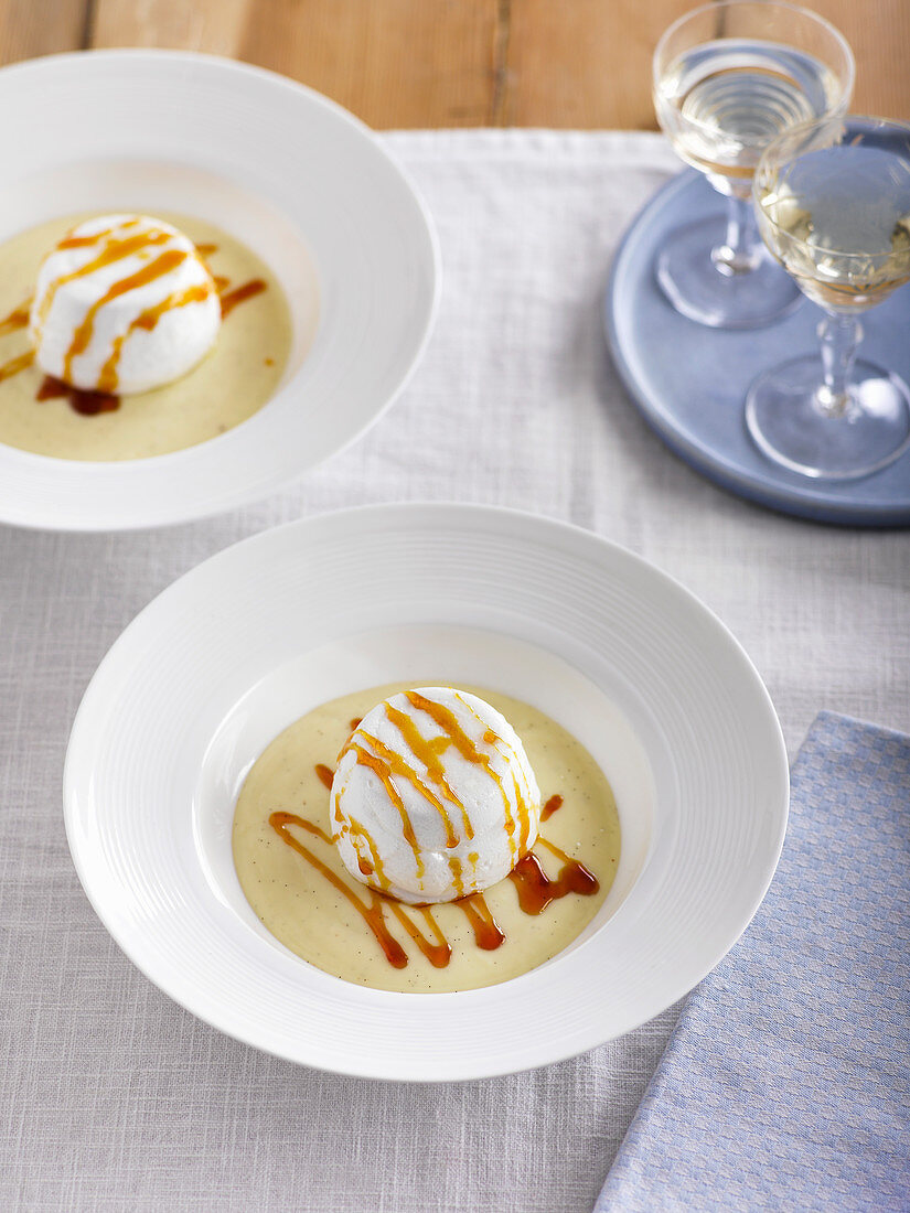 Floating islands with caramel sauce
