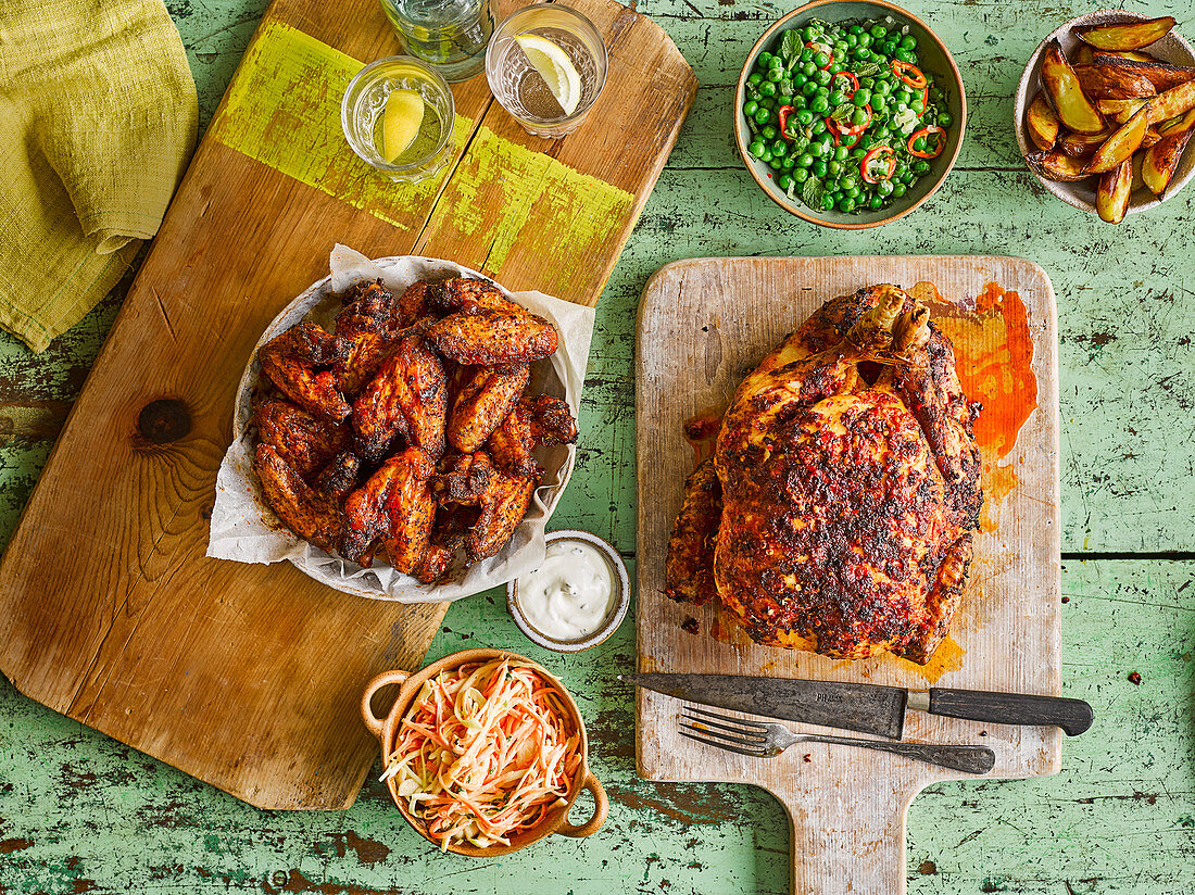 Maple-glazed hot wings, Piri-piri chicken with chilli and mint peas