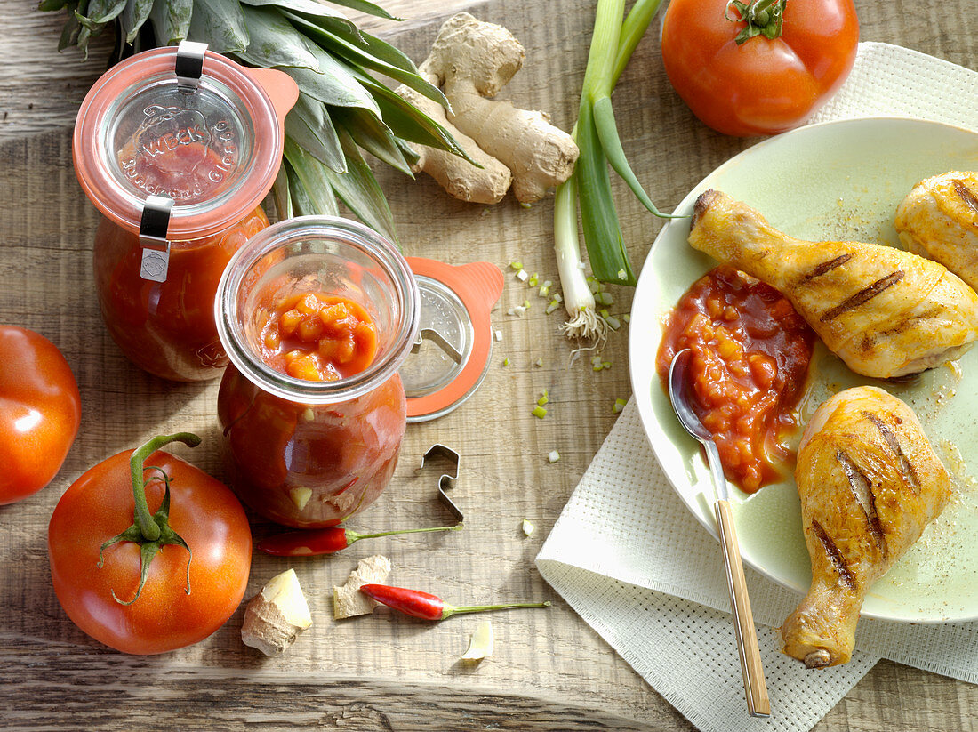 Tomato sauce with grilled chicken legs