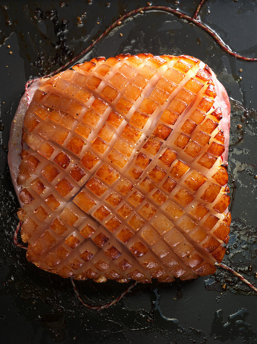 Crispy roast pork seen from above
