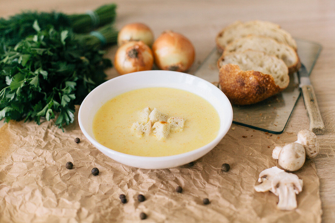 Onion and mushroom soup with croutons