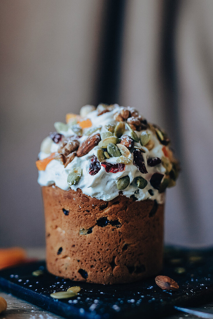 A mini panettone with seeded frosting