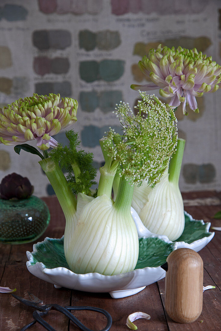 Chrysanthemenblüten und Knorpelmöhre in Fenchelknollen als Vasen