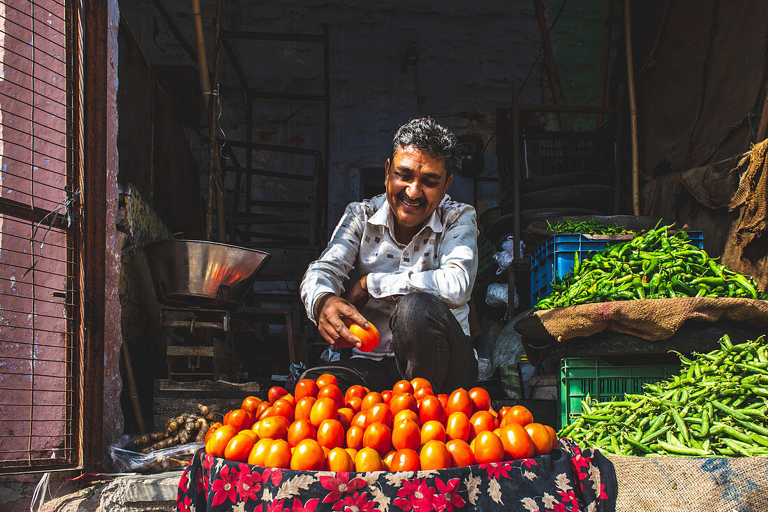 Mann verkauft Tomaten auf einem Markt (Jodhpur, Indien)