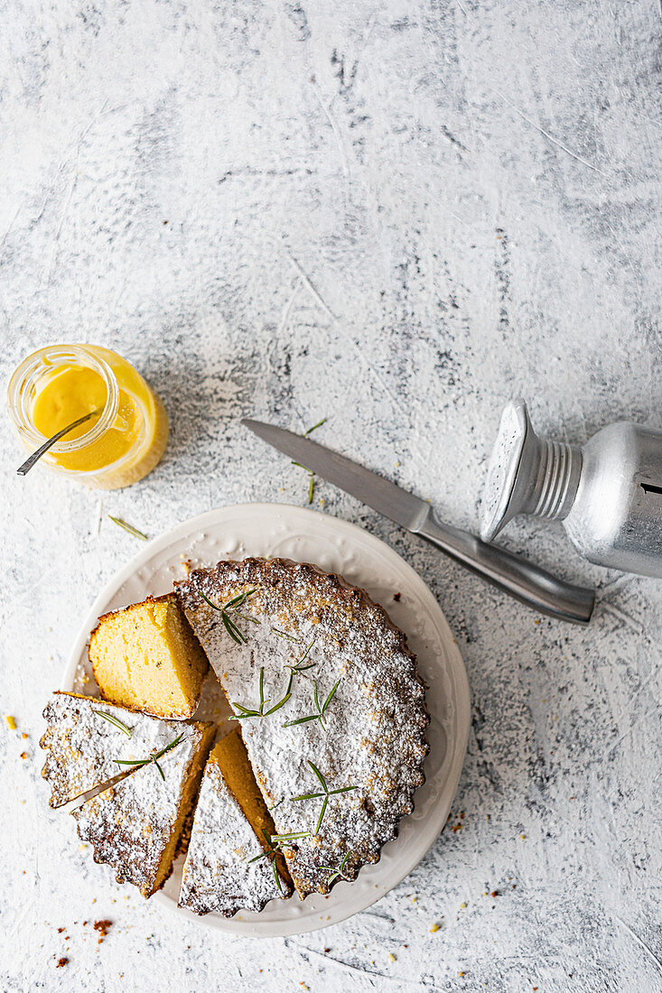 Almond corn cake with rosemary and lemon