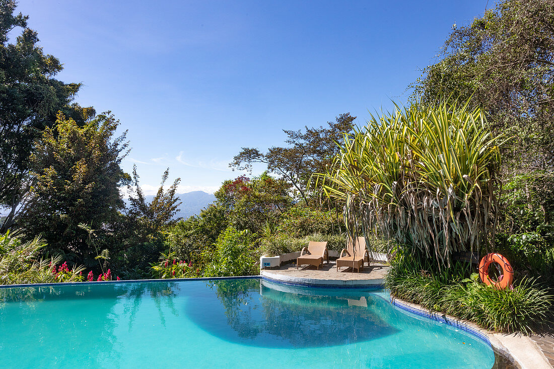 The pool in the garden of the 'Rosa Blanc', Santa Bárbara, Heredia, Costa Rica, Central America