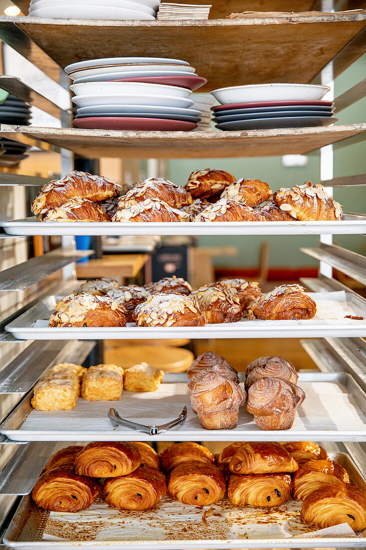 Sweet pastries on a shelf in a bakery