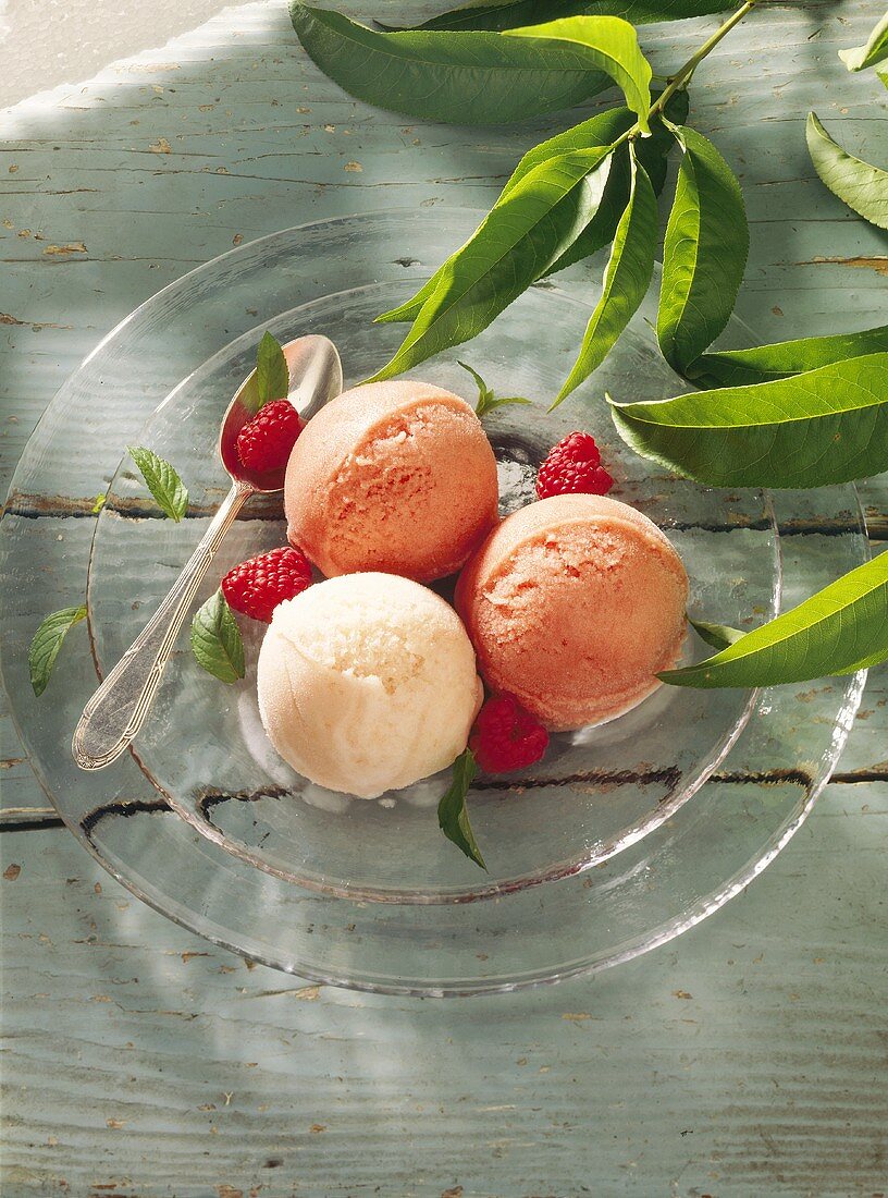Two scoops of raspberry ice cream & raspberry yoghurt ice cream