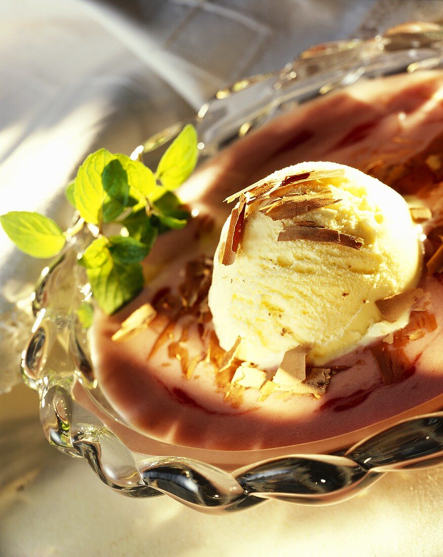 Scoop of vanilla ice cream with chocolate curls on fruit sauce