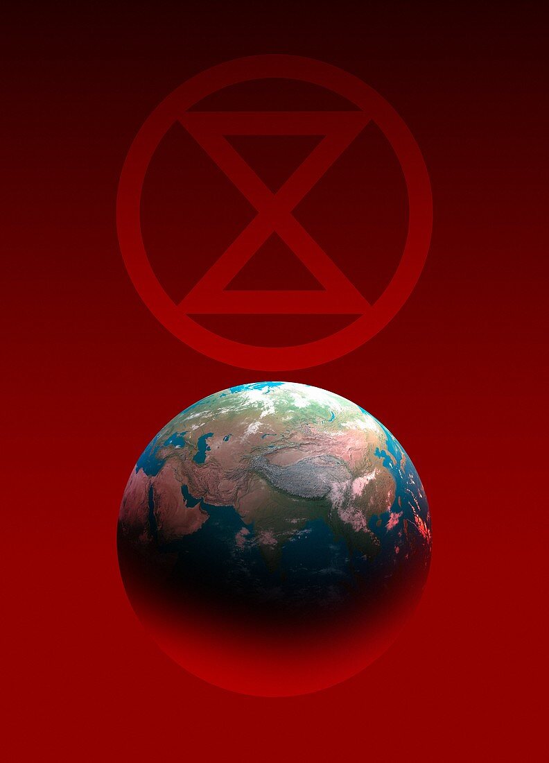 Extinction rebellion logo and Earth, illustration