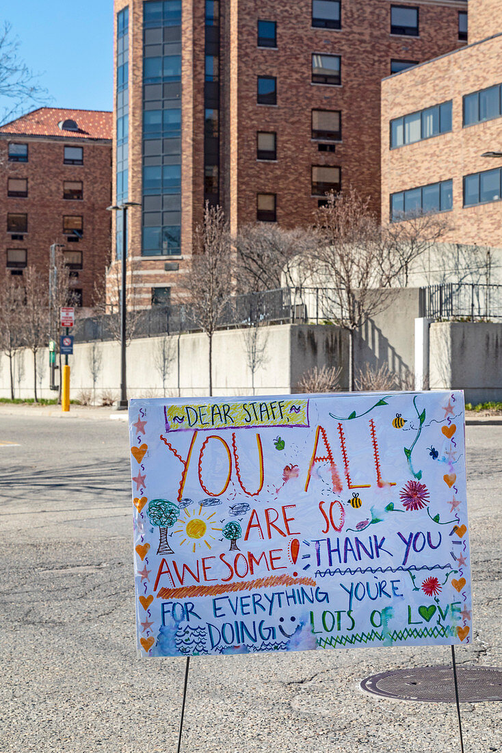 Coronavirus sign outside hospital, Detroit, Michigan, USA