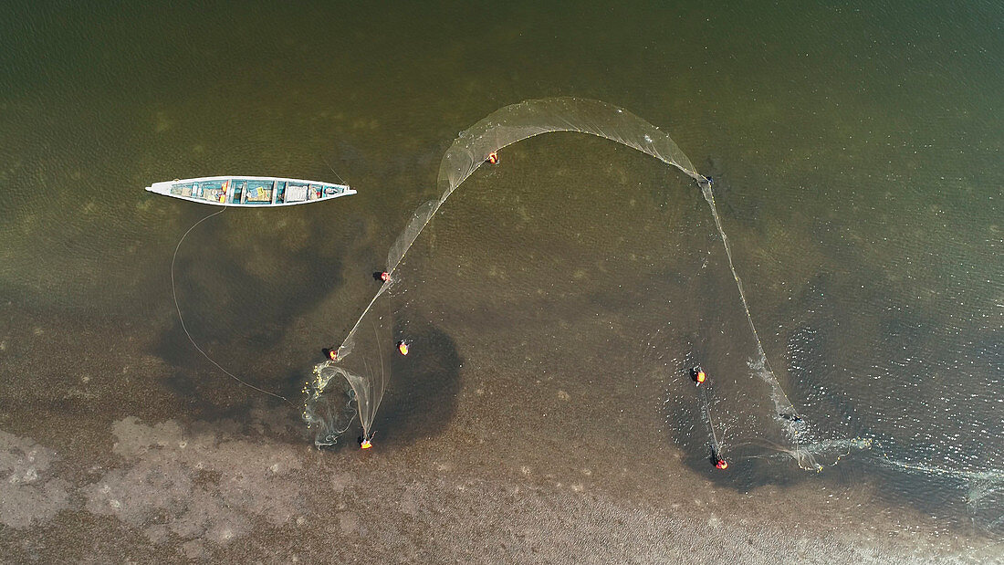 Scientists monitoring fish populations, aerial view