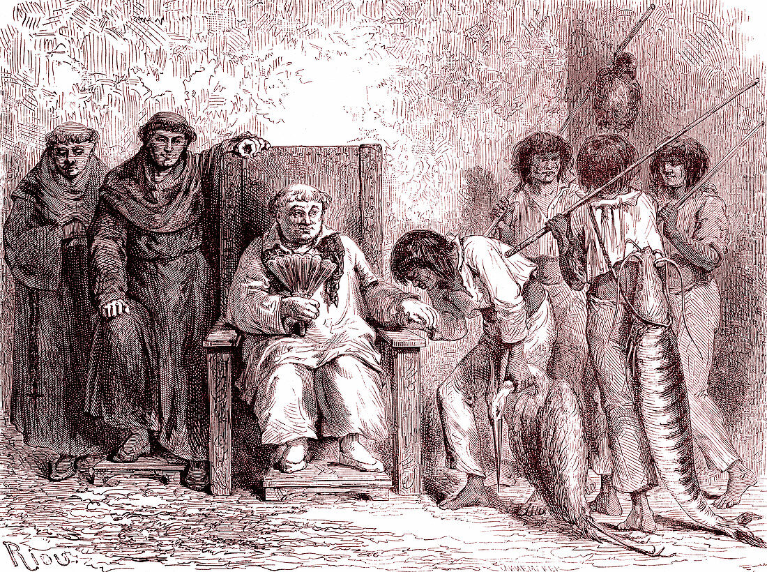 Natives bring offering to Jesuit priest, illustration