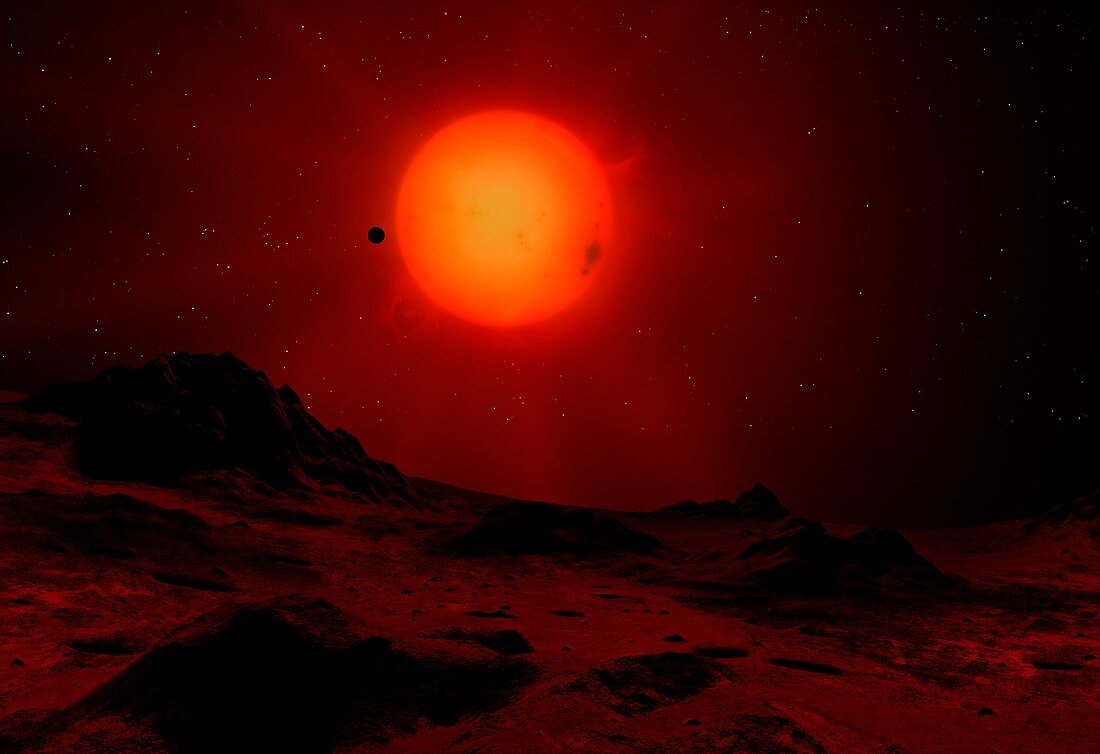 Red dwarf seen from a planet, illustration