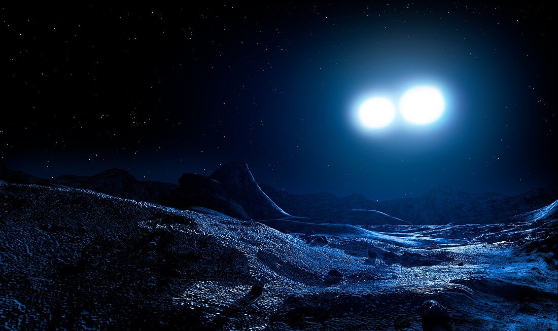 Contact binary stars seen from a planet, illustration