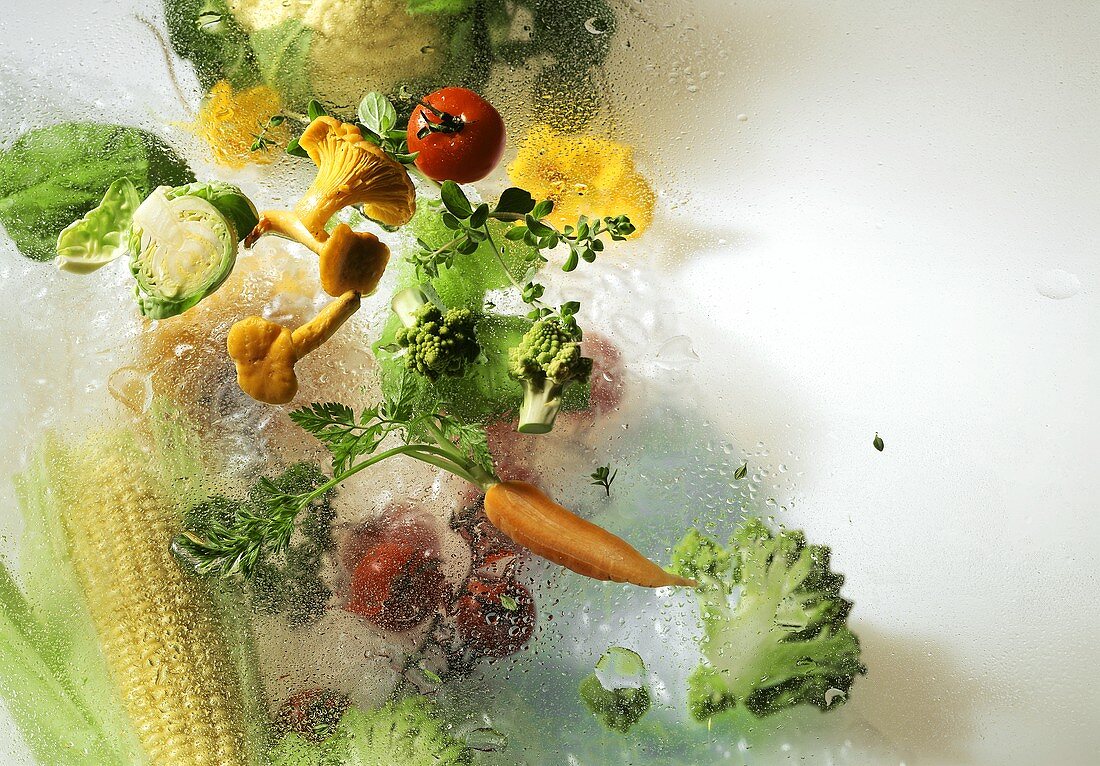 Chanterelles & fresh vegetables with dewdrops on sheet of glass