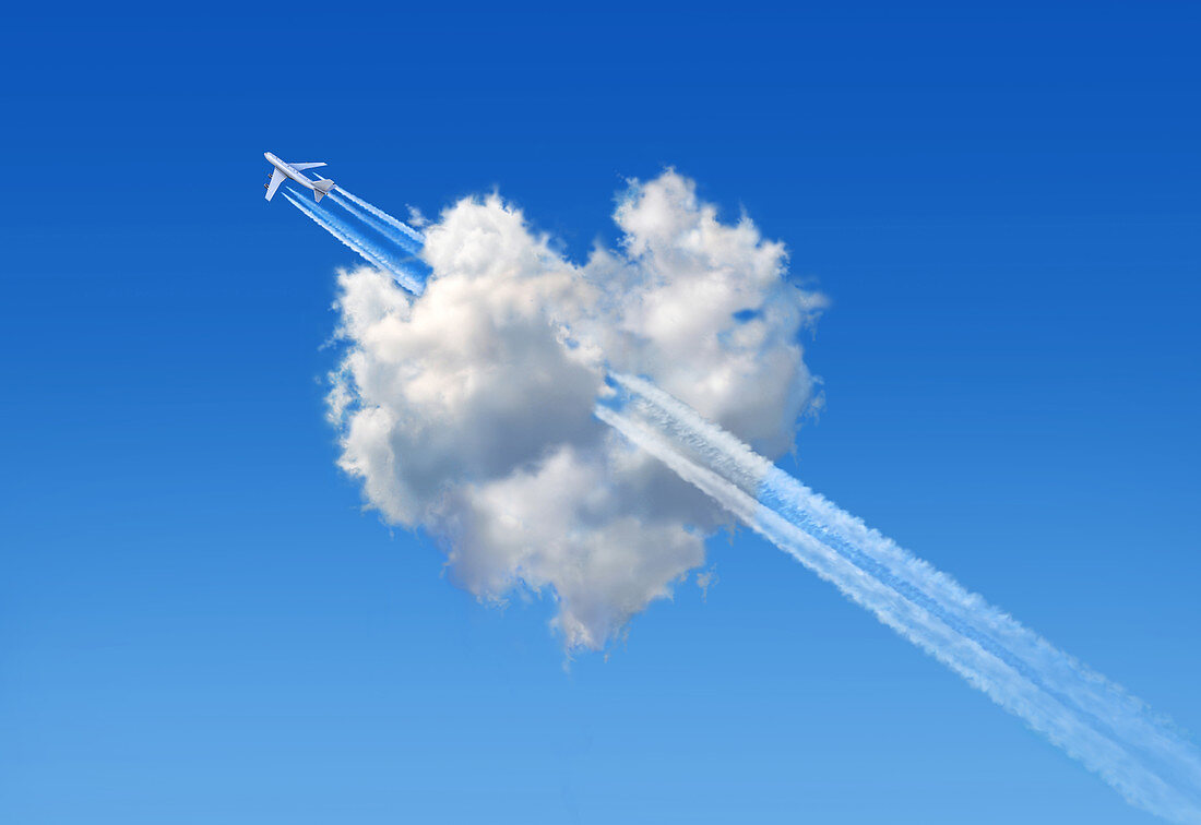 Aeroplane flying through heart-shaped cloud, illustration