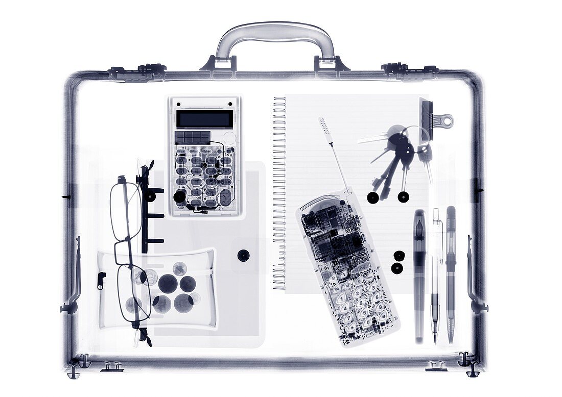 Briefcase with various items, X-ray