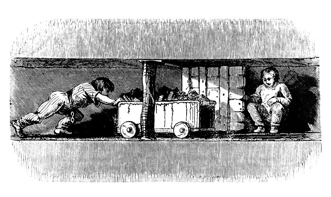 Boy pushing a truck loaded with coal, c1848