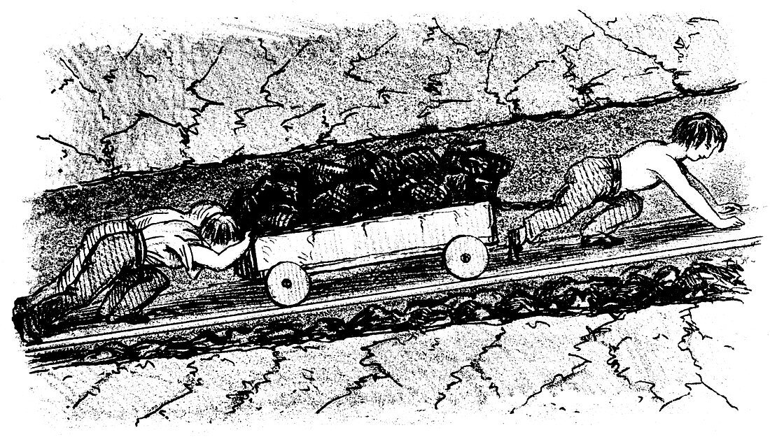 Boy 'putters' moving coal in a narrow seam, England, 1848