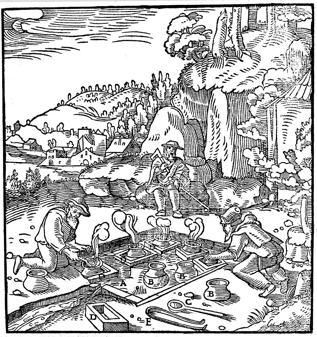 Evaporating pots of brine in a natural hot spring, 1556