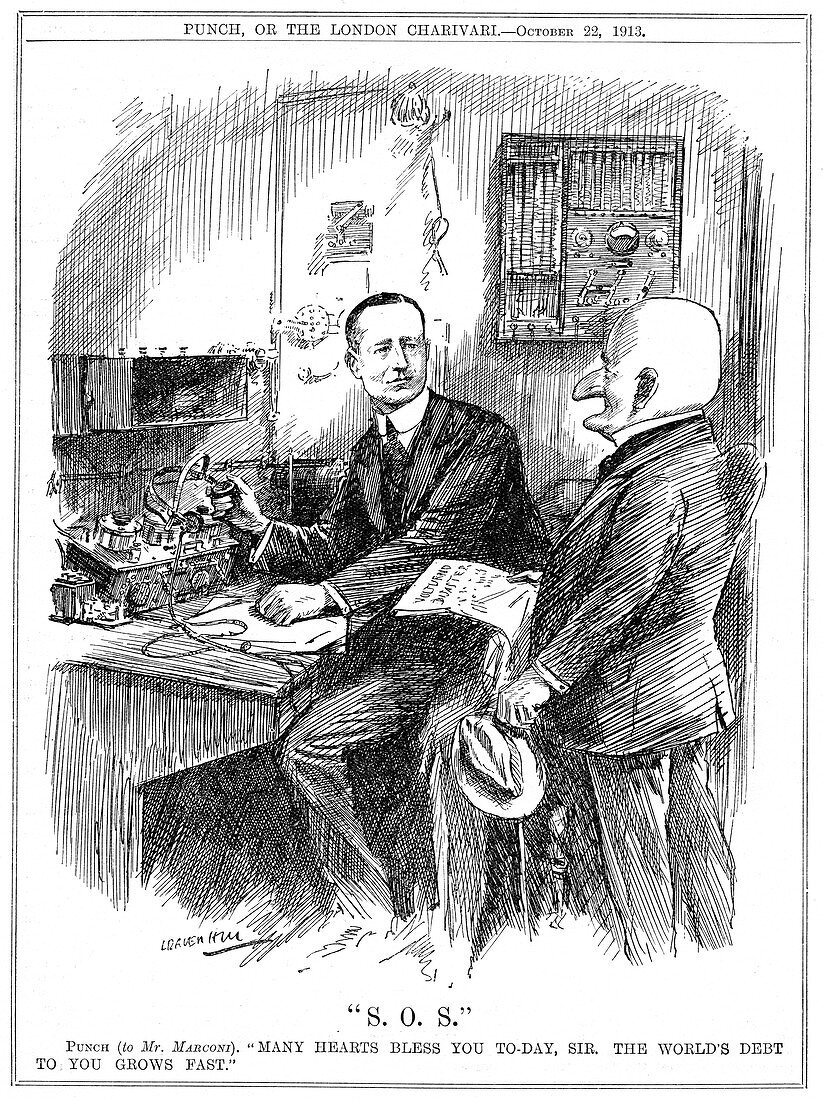 Mr Punch thanking Marconi for wireless telegraphy, 1913